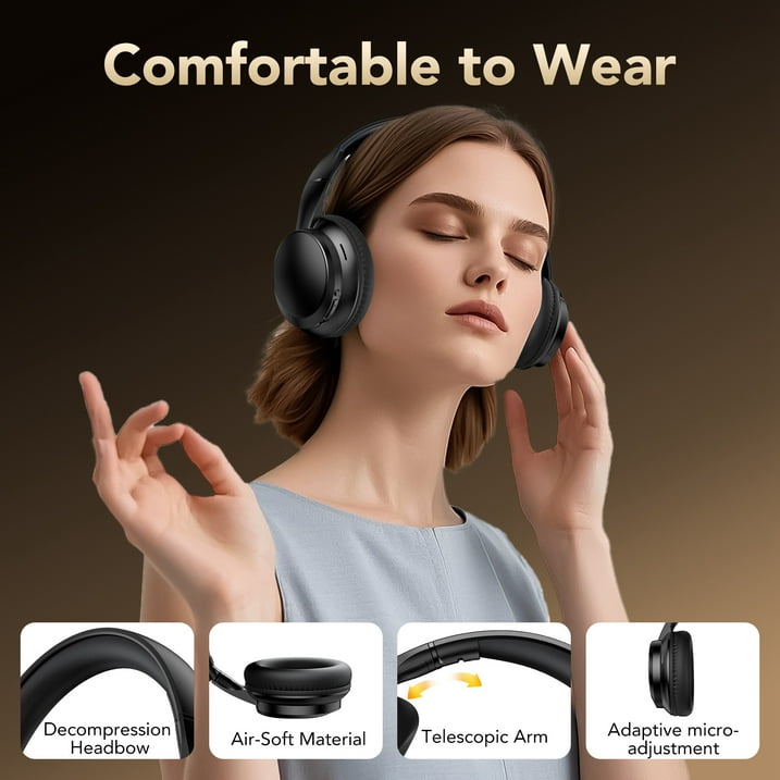 Wireless Bluetooth Headphones 5.4, 40H Playtime with 3 EQ Modes, 4 Micrs ENC Noise Cancelling for Clear Calls, Bass Boosted by 85%, Comfort Fit, Over Ear Headphones for Travel Home Office PC Black