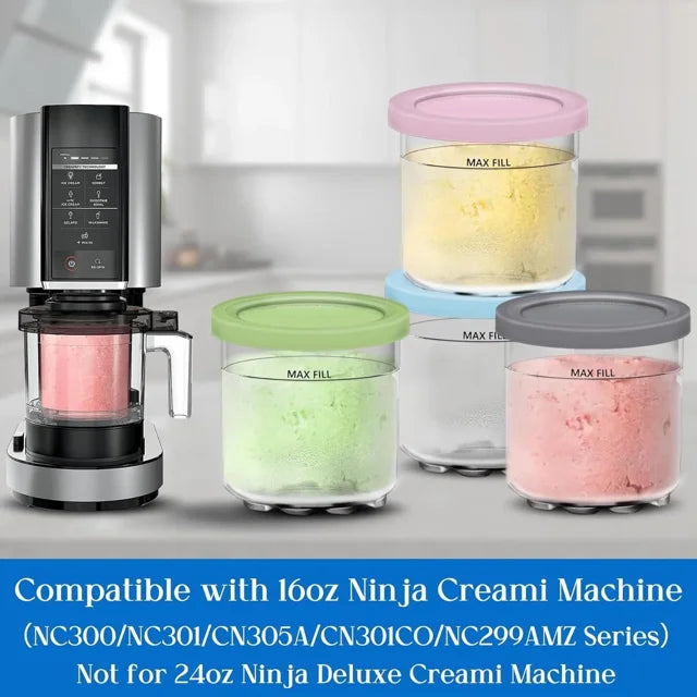 4 Pack,Creami Pints and Lids for Ninja, Creamy Icecream Containers Cups Jars Tubs Canisters Set, Smoothie Pot Compatible with NC299AMZ & NC300s Series Creamer Ice Cream Maker Machine Accessories