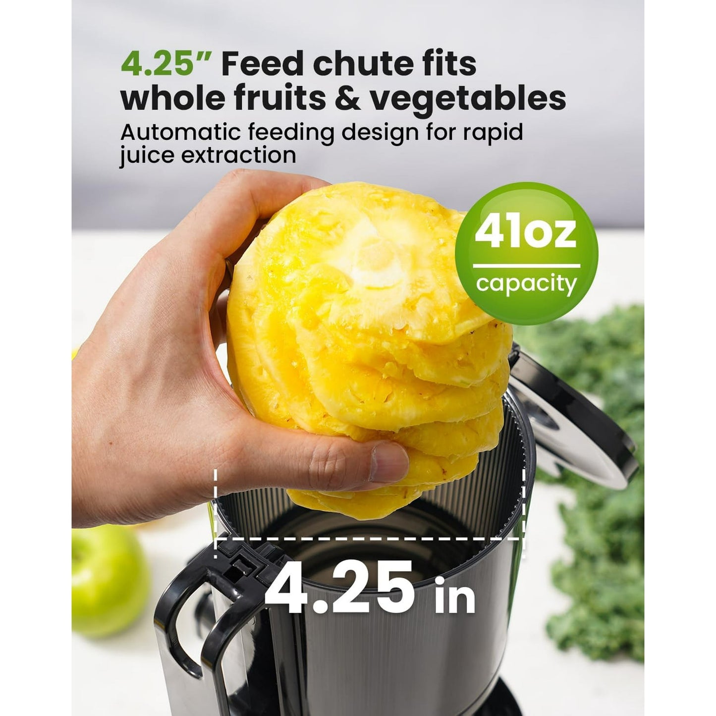 Cold Press Juicer Machines, 4.25'' Large Feed Chute Masticating Slow Juicer Fits Whole Fruits and Vegetables, Low Noise, Easy to Clean, Silver