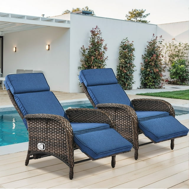 PARKWELL Outdoor Patio Recliner Chair Set of 2,Adjustable Rattan Reclining Lounge Chair with Cushion, Navy