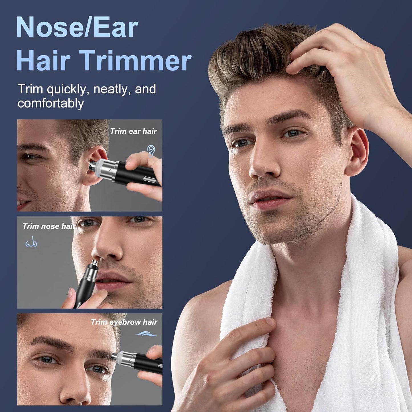 FETERVIC Nose Hair Trimmer for Men Women, Professional Painless USB Rechargeable Electric Ear Nose Body Hair Remover, Grooming Kit 3 Cutter Head