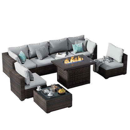 Gaildon 8 Piece Patio Furniture Set with Fire Pit Table, All Weather Outdoor Sectional PE Rattan, Patio Conversation Sets with Cushions and Glass Coffee Table for Garden Lawn Balcony Porch Deck