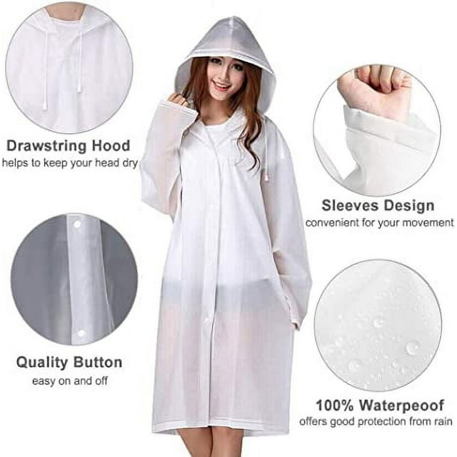 Rain Ponchos for Adults Reusable, 2 Pcs EVA Raincoats for Women Men with Hood and SleevesWhite