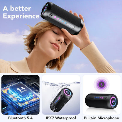 Portable Bluetooth Speaker IPX7 Waterproof, 30W Loud Sound, Deep Bass, Bluetooth 5.3, LED Lights, Wireless Stereo Pairing, 30H Playtime, for Home/Outdoor/Party/Beach, Birthday Gift (Black)