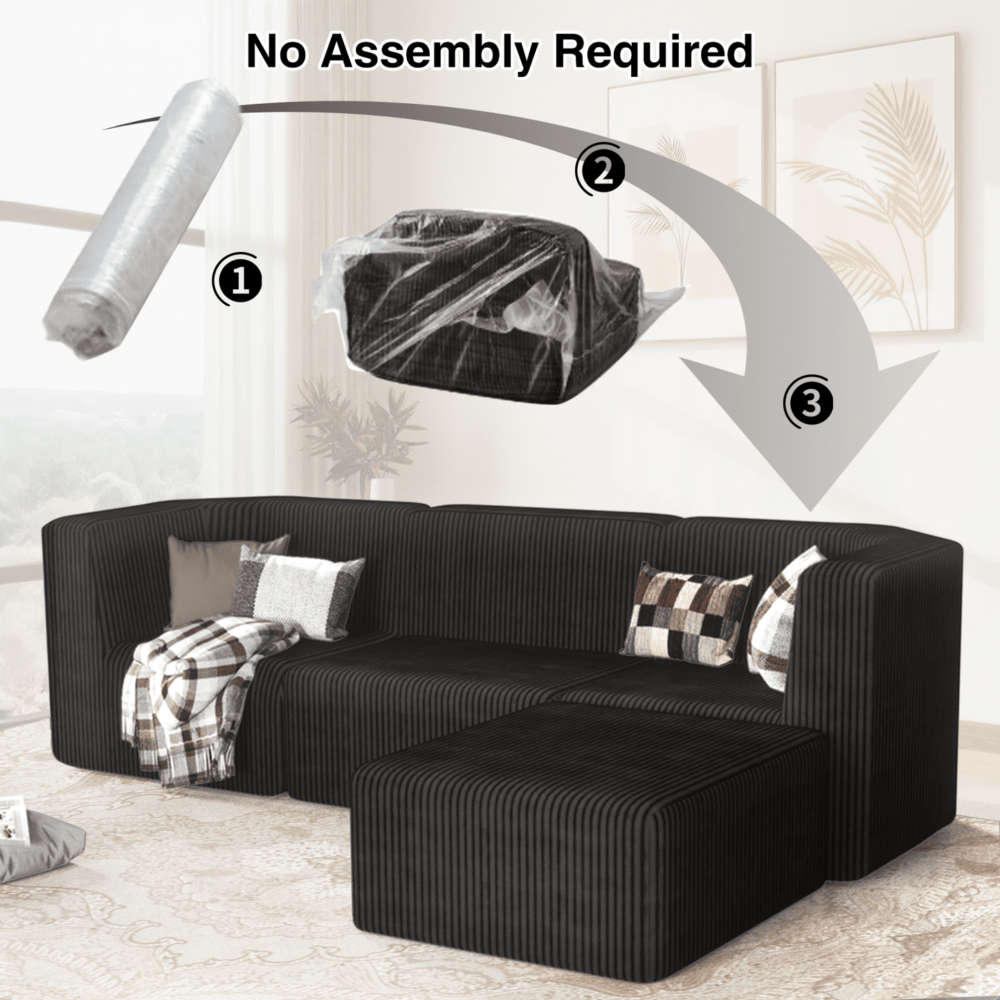 Gaildon Corduroy Sponge Sofa Lounge Chair Fluffy Modern Sleeper Chair With Removable Footrest for Indoor Living Room and Bedroom No Assembly Needed, Black