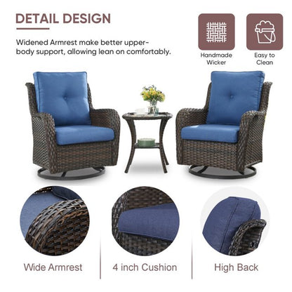 Gymojoy 2 Pieces Outdoor Wicker Swivel Rocker Patio Chair, Outdoor Swivel Gliders,Set of 2 with High Back, Deep Seat (Brown Wicker/Blue Cushion)