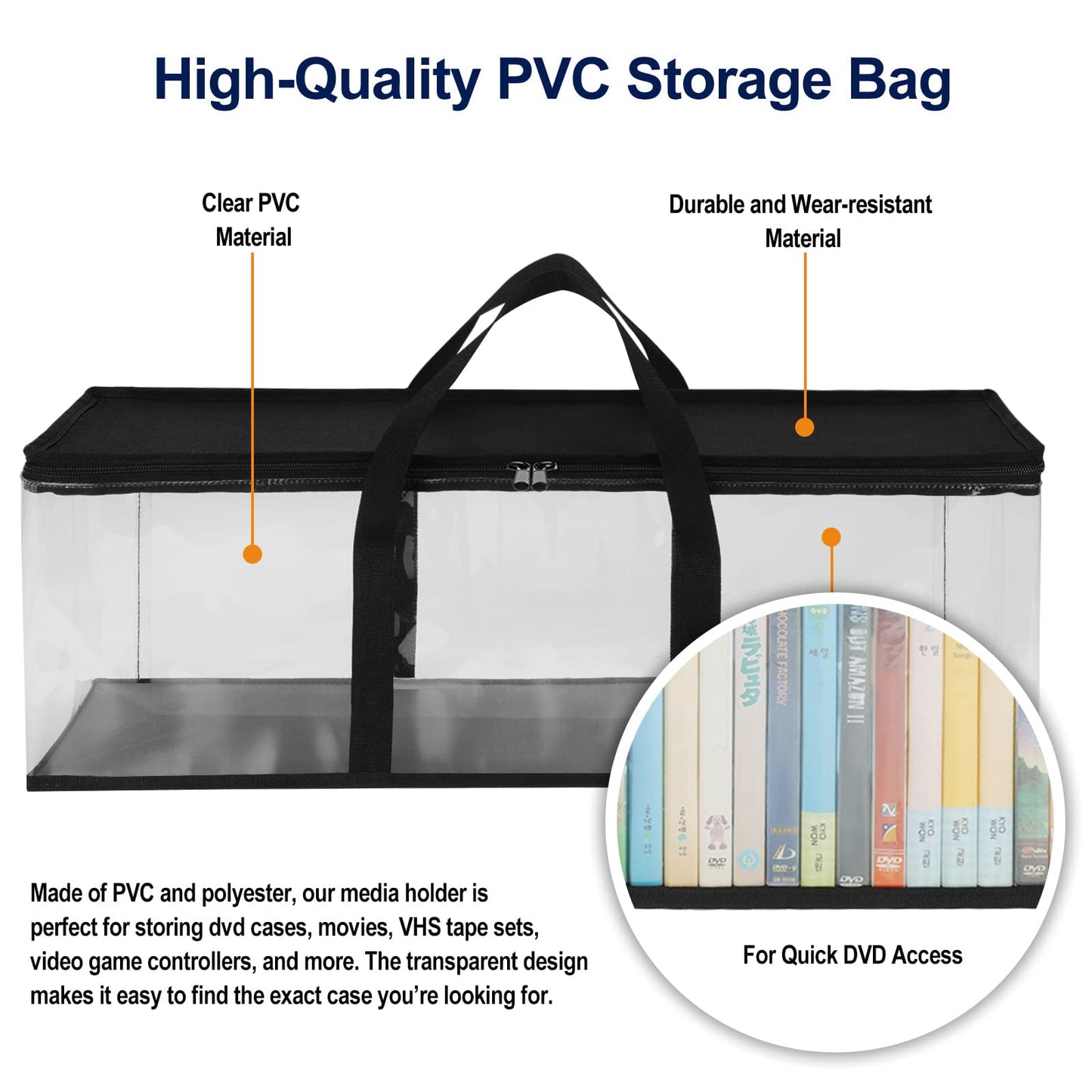 DVD Storage Bags (Set of 2) Clear PVC Media Holder Case with Handles for DVDs/CDs/VHS Box/Blu Ray Disc/Movie Cases/Video Games Discs - Each Bag Holds up to 40 DVDs