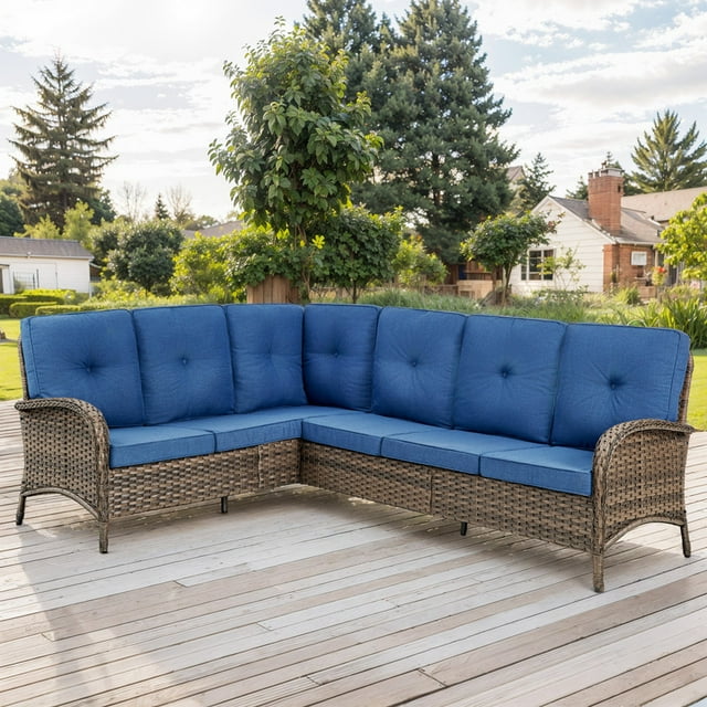 PARKWELL Outdoor Furniture Sectional Sofa L Shaped Couch,Patio Wicker 5-Seat High Back Conversation Set for Balcony Yard,Brown Wicker Navy Cushion