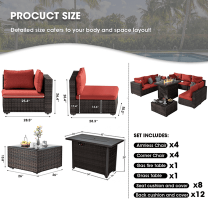 Grezone Outdoor Garden 10 Piece Patio Furniture with 43" 55000BTU Gas Propane Fire Pit Table Rattan Wicker Sectional Set, Red